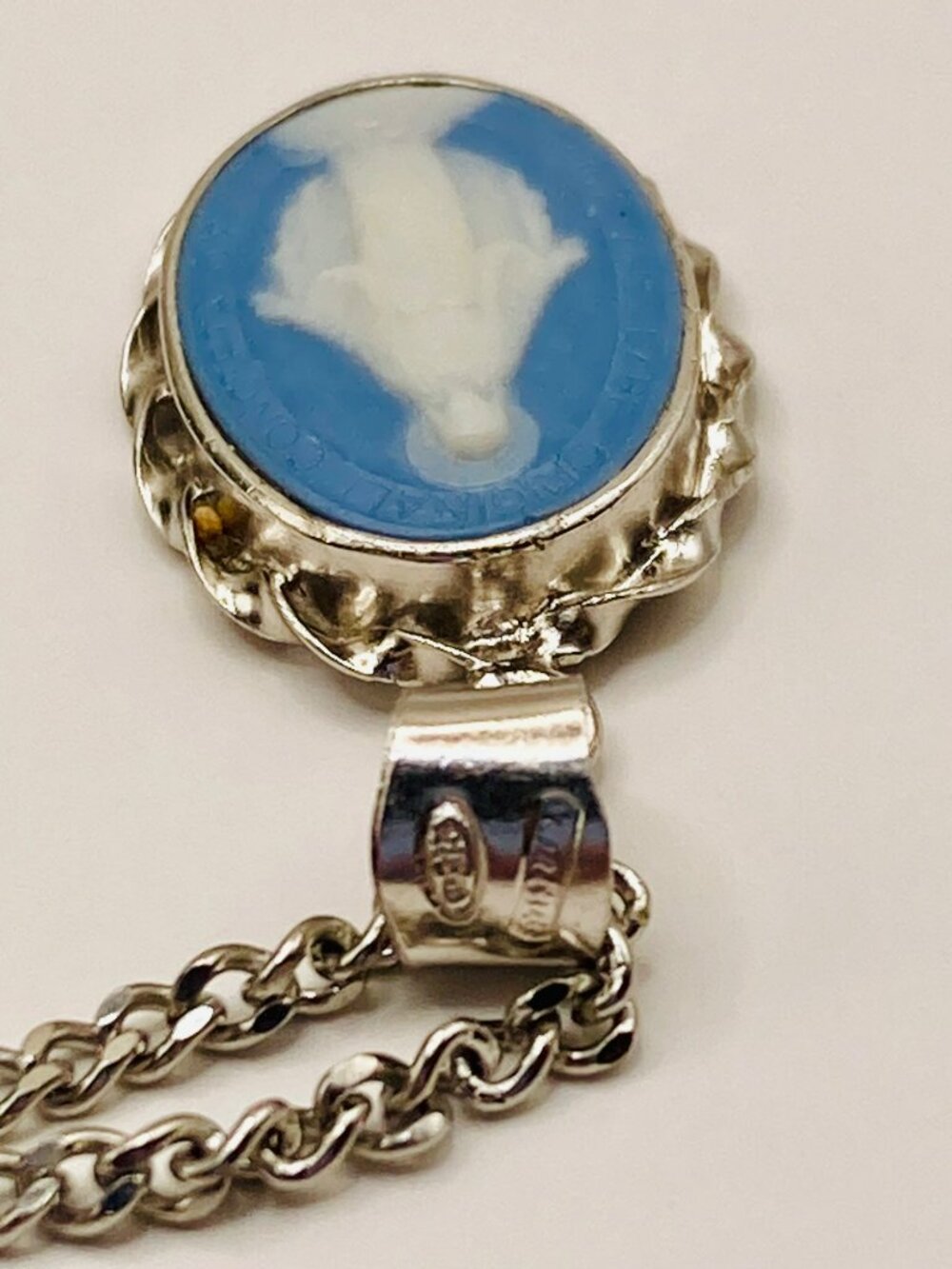 Blue Cameo Miraculous Medal Necklace Sterling Silver Frame on Stainless Steel Ch - Picture 5 of 7